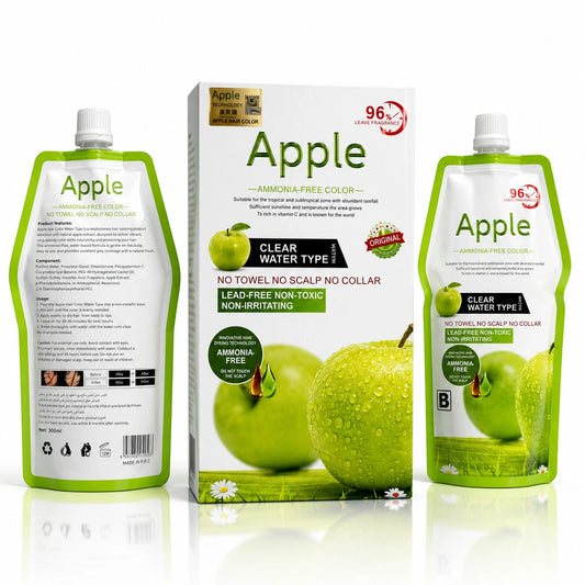 Apple Hair Color Ammonia-Free Clear Water Type full product set showing box packaging with two pouches front and back, displaying ingredients, usage instructions, and Clear Water Type formula details