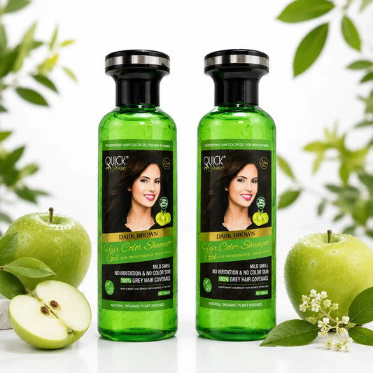 Two Quick Shine Dark Brown Hair Color Shampoo Gel 200ml green bottles displayed with fresh green apples on white background