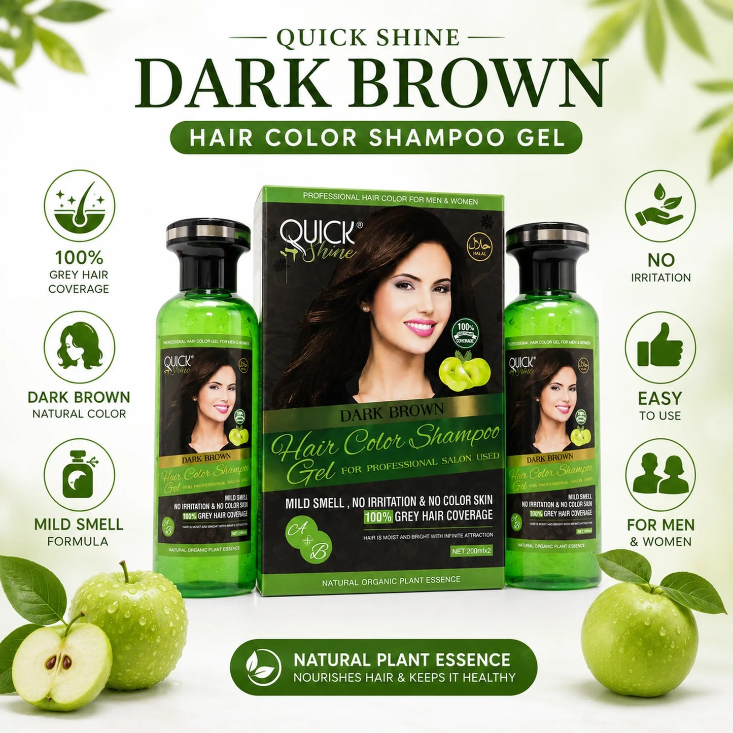 Quick Shine Dark Brown Hair Color Shampoo Gel full set with box and two green bottles surrounded by apples, highlighting 100% Grey Hair Coverage, Dark Brown Natural Color, Mild Smell Formula, No Irritation, Easy to Use, For Men and Women, and Natural Plant Essence