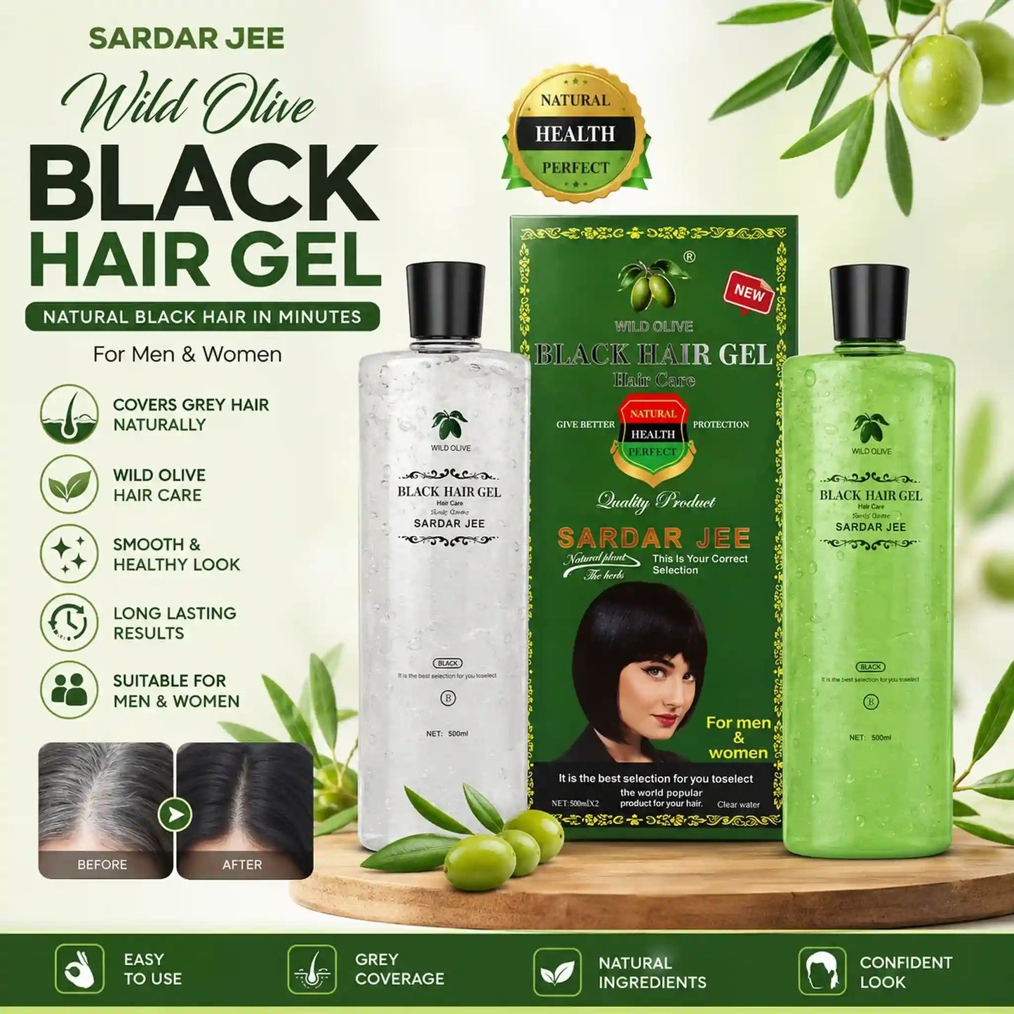 Sardar Jee Wild Olive Black Hair Color Gel full product set with wild olive extract highlighting ammonia-free natural color formula