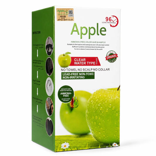Apple Hair Color Ammonia-Free Clear Water Type box packaging front and side view showing Original seal, Lead-Free Non-Toxic Non-Irritating formula, No Towel No Scalp No Collar, and 96 Leave Fragrance with fresh green apples