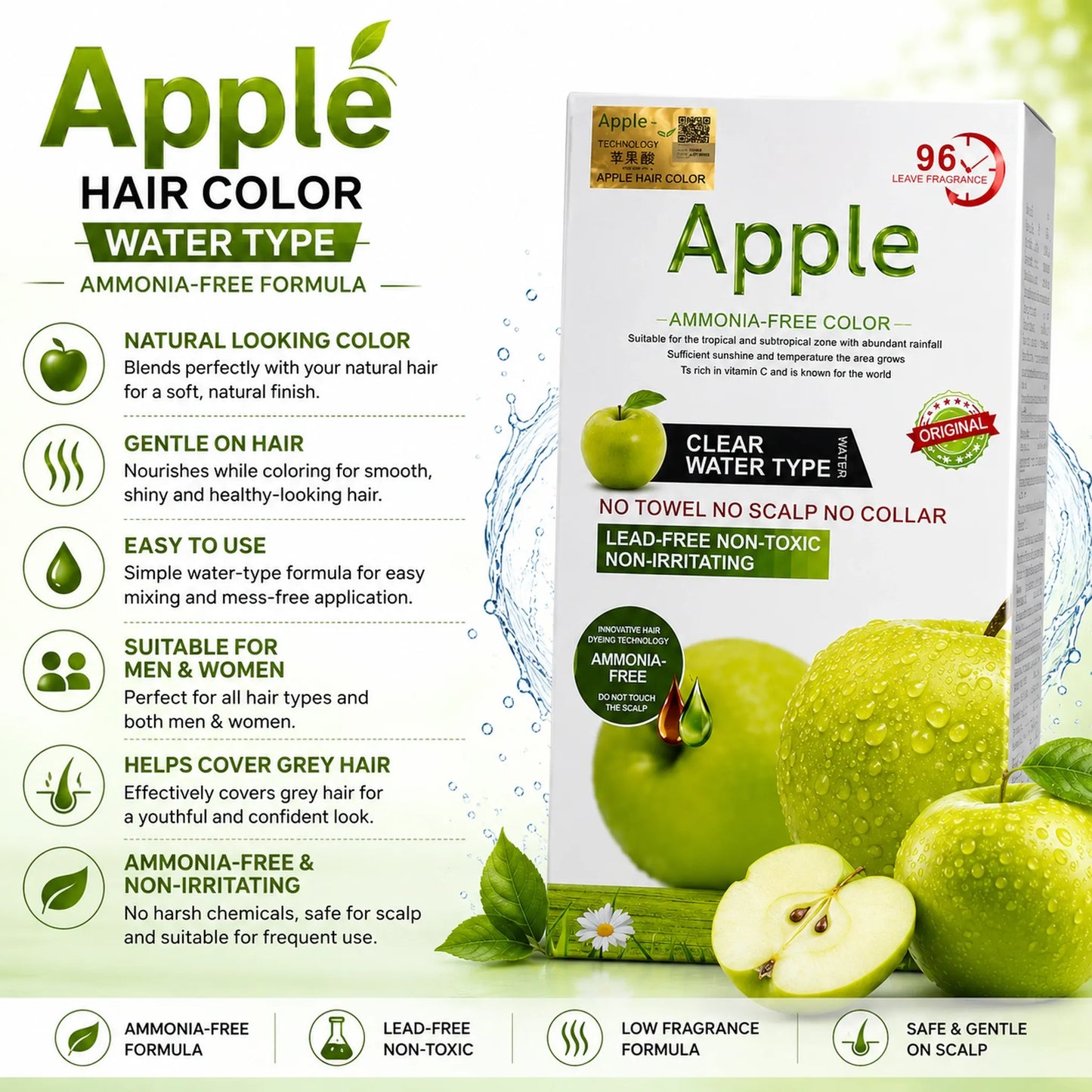 Apple Hair Color Water Type ammonia-free box packaging with green apples, highlighting Natural Looking Color, Gentle on Hair, Easy to Use, Suitable for Men and Women, Helps Cover Grey Hair, and Ammonia-Free Non-Irritating formula