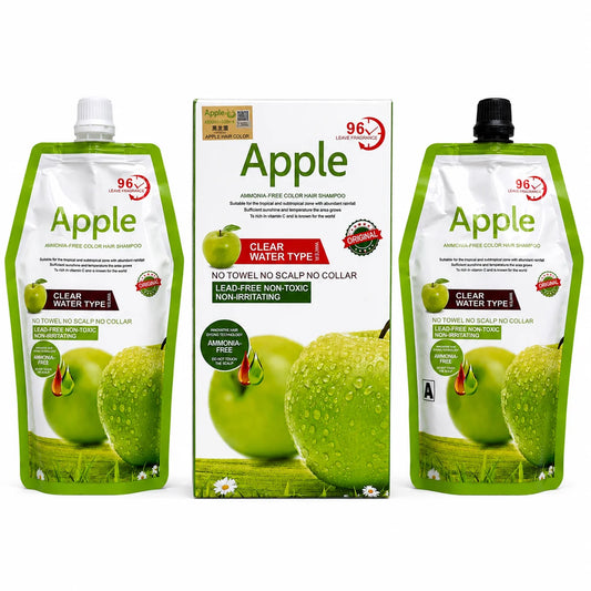Apple Hair Color Ammonia-Free Clear Water Type full product set showing box packaging with two pouches front, displaying ingredients, usage instructions, and Clear Water Type formula details