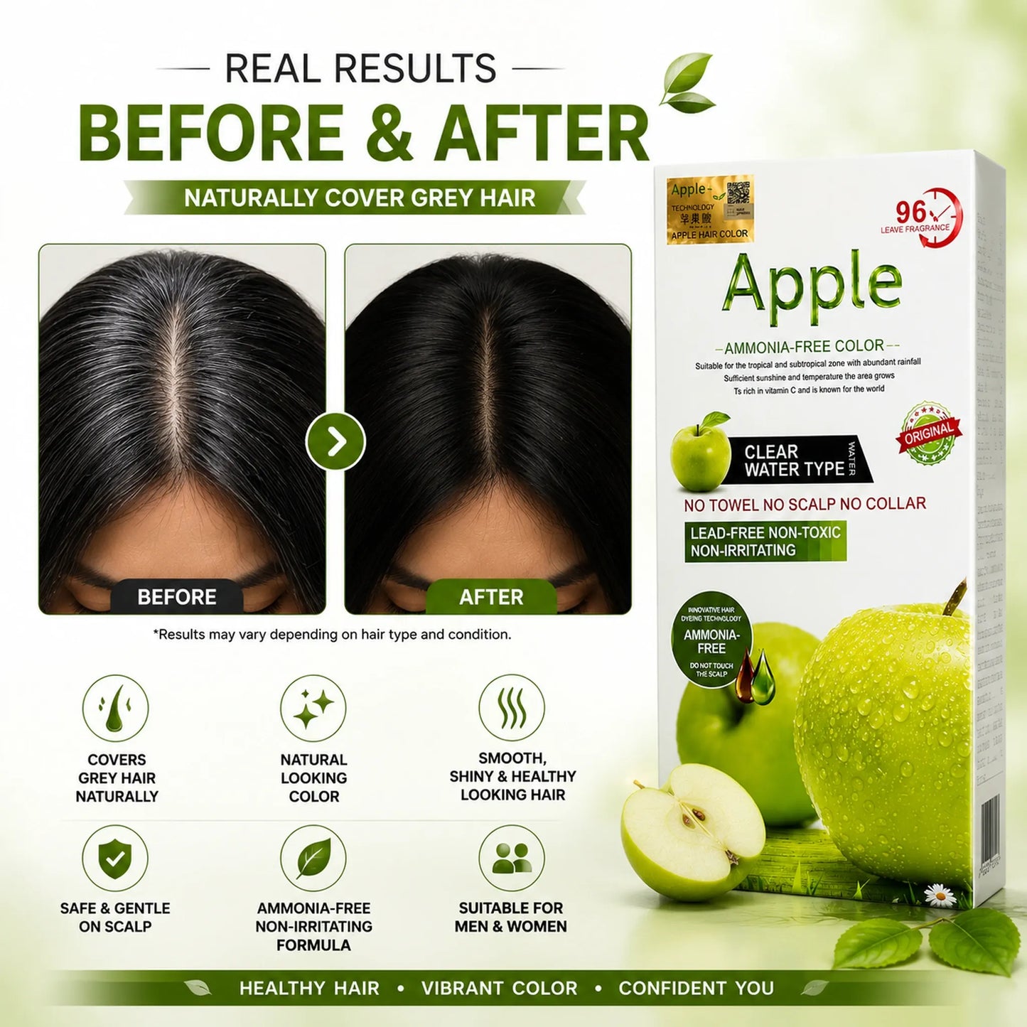 Before and after real results showing grey hair naturally covered to natural black using Apple Hair Color Water Type, with product box on right and icons for Covers Grey Hair, Natural Looking Color, Smooth Shiny Hair, Safe on Scalp, Ammonia-Free Formula, and Suitable for Men and Women