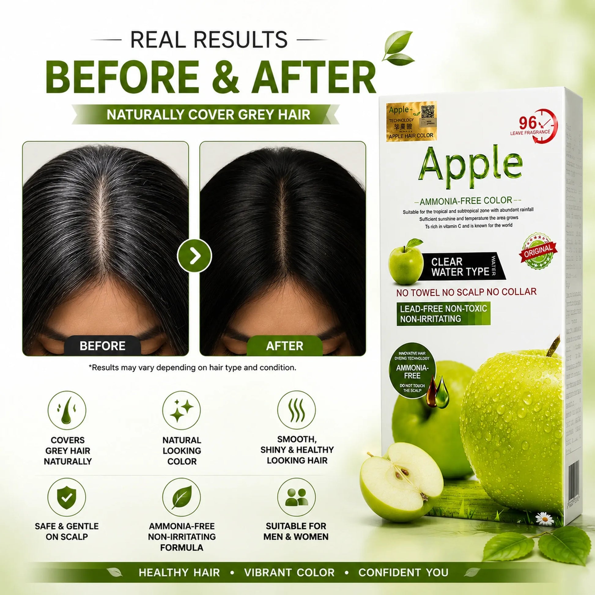 Before and after real results showing grey hair naturally covered to natural black using Apple Hair Color Water Type, with product box on right and icons for Covers Grey Hair, Natural Looking Color, Smooth Shiny Hair, Safe on Scalp, Ammonia-Free Formula, and Suitable for Men and Women