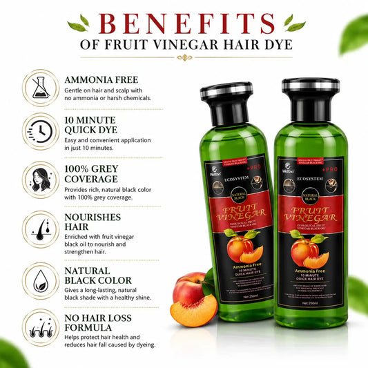 Two Welltino Fruit Vinegar Natural Black Hair Dye 250ml green bottles with peach fruit, listing benefits including Ammonia Free, 10 Minute Quick Dye, 100% Grey Coverage, Nourishes Hair, Natural Black Color, and No Hair Loss Formula