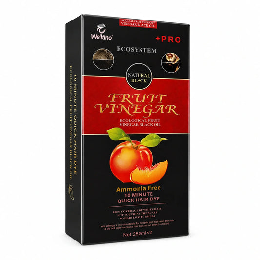 Welltino Fruit Vinegar Natural Black Hair Dye Pro box packaging showing Ecological Fruit Vinegar Black Oil, Ammonia Free 10 Minute Quick Hair Dye with 100% grey hair coverage, Net 250ml x2
