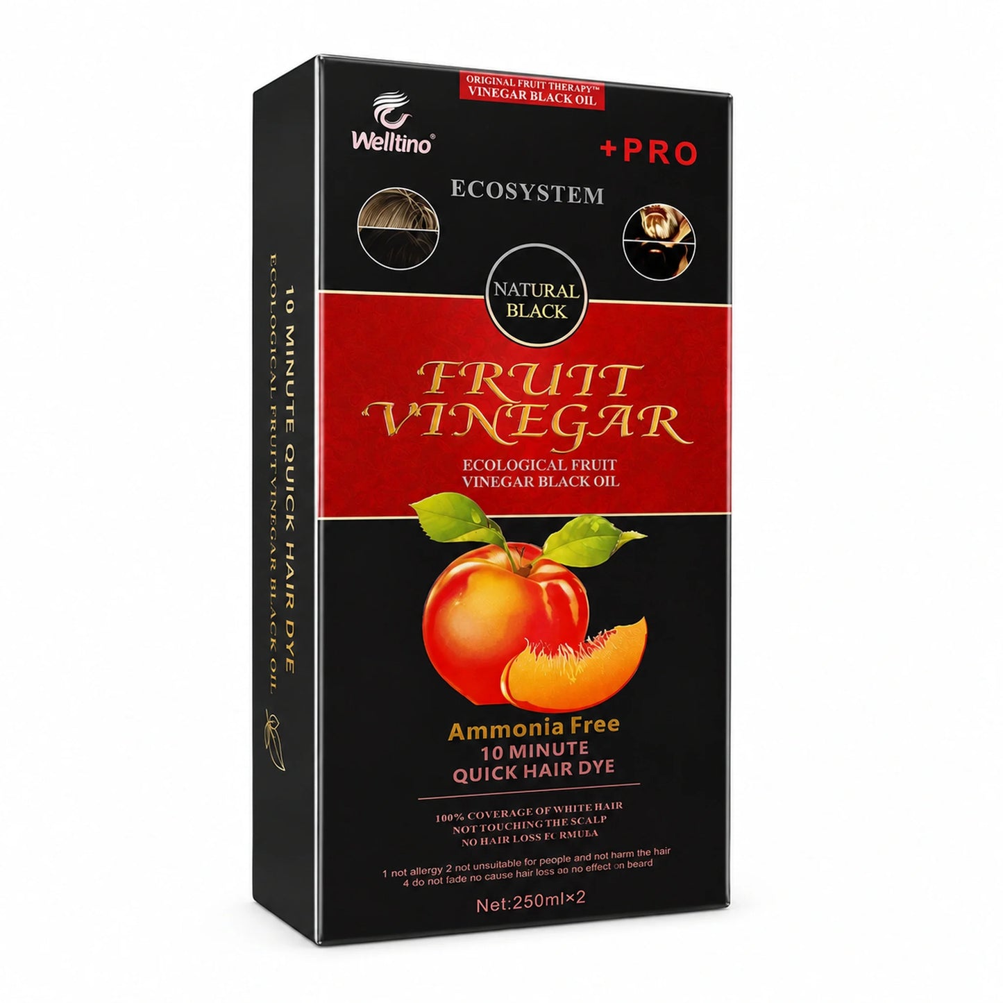 Welltino Fruit Vinegar Natural Black Hair Dye Pro box packaging showing Ecological Fruit Vinegar Black Oil, Ammonia Free 10 Minute Quick Hair Dye with 100% grey hair coverage, Net 250ml x2
