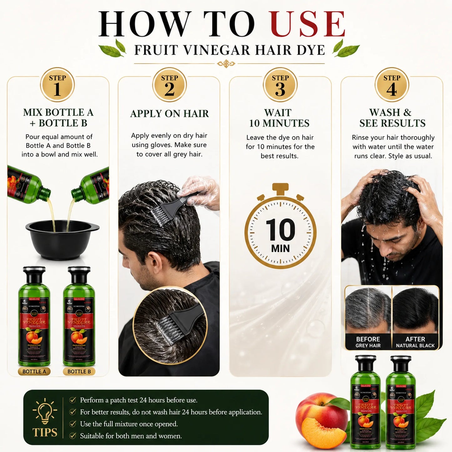 Step by step how to use guide for Welltino Fruit Vinegar Hair Dye showing Mix Bottle A and B, Apply on Hair, Wait 10 Minutes, and Wash and See Results with before and after grey to natural black comparison