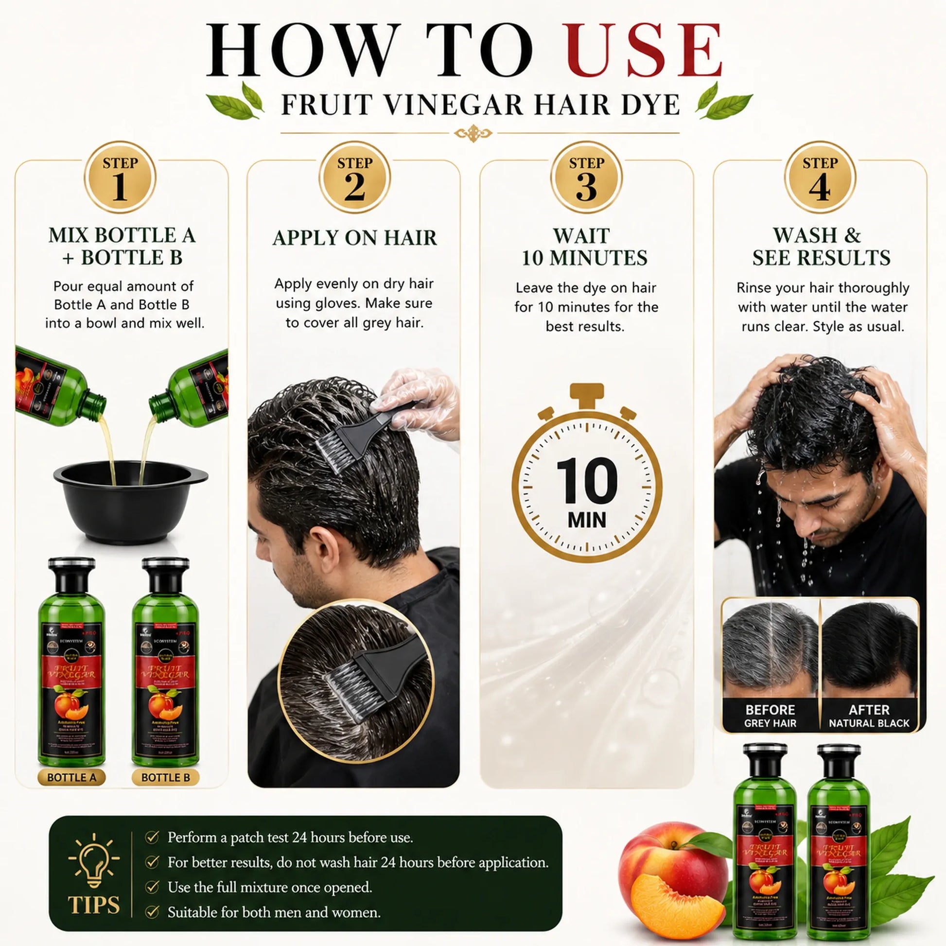 Step by step how to use guide for Welltino Fruit Vinegar Hair Dye showing Mix Bottle A and B, Apply on Hair, Wait 10 Minutes, and Wash and See Results with before and after grey to natural black comparison