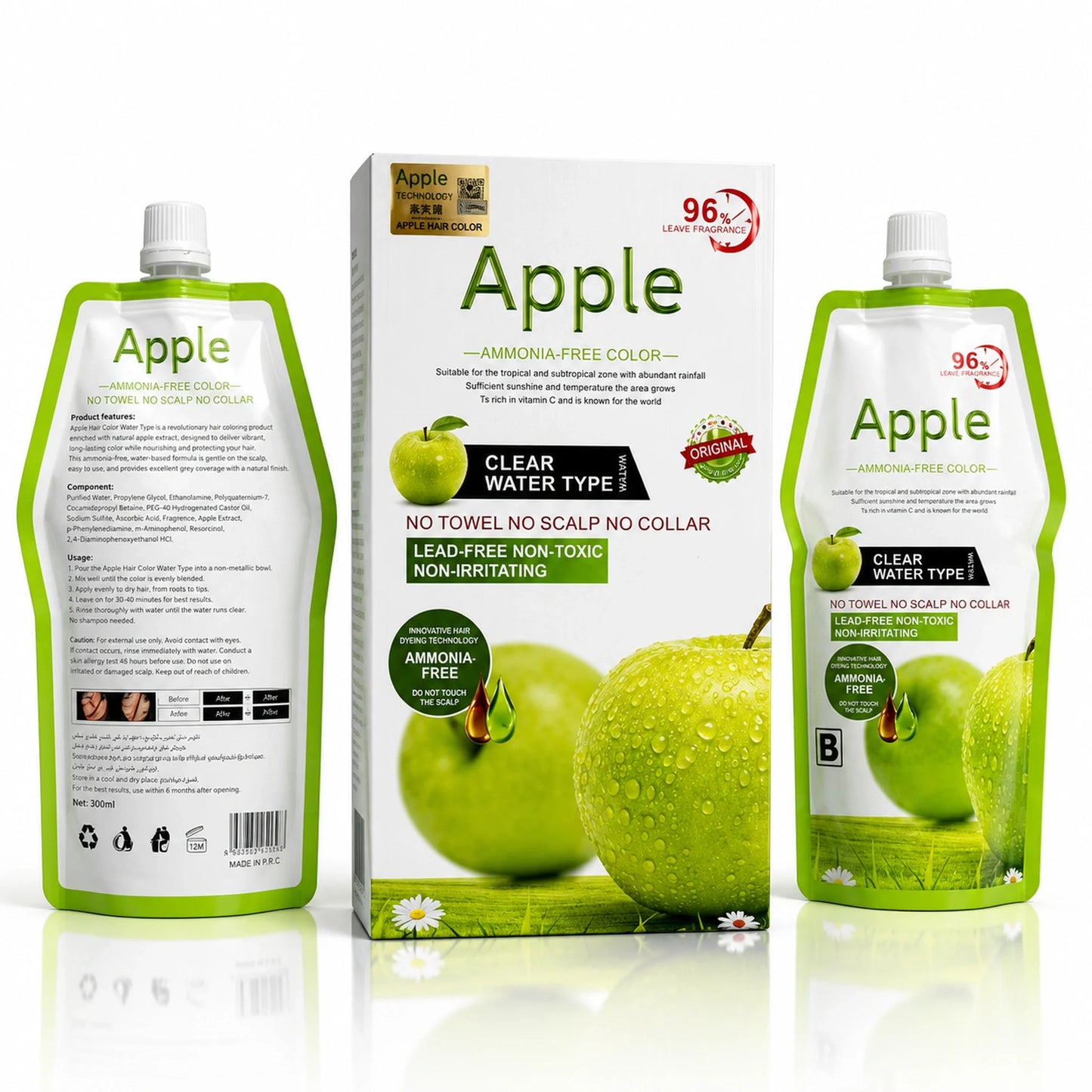 Apple Hair Color Ammonia-Free Clear Water Type full product set showing box packaging with two pouches front and back, displaying ingredients, usage instructions, and Clear Water Type formula details