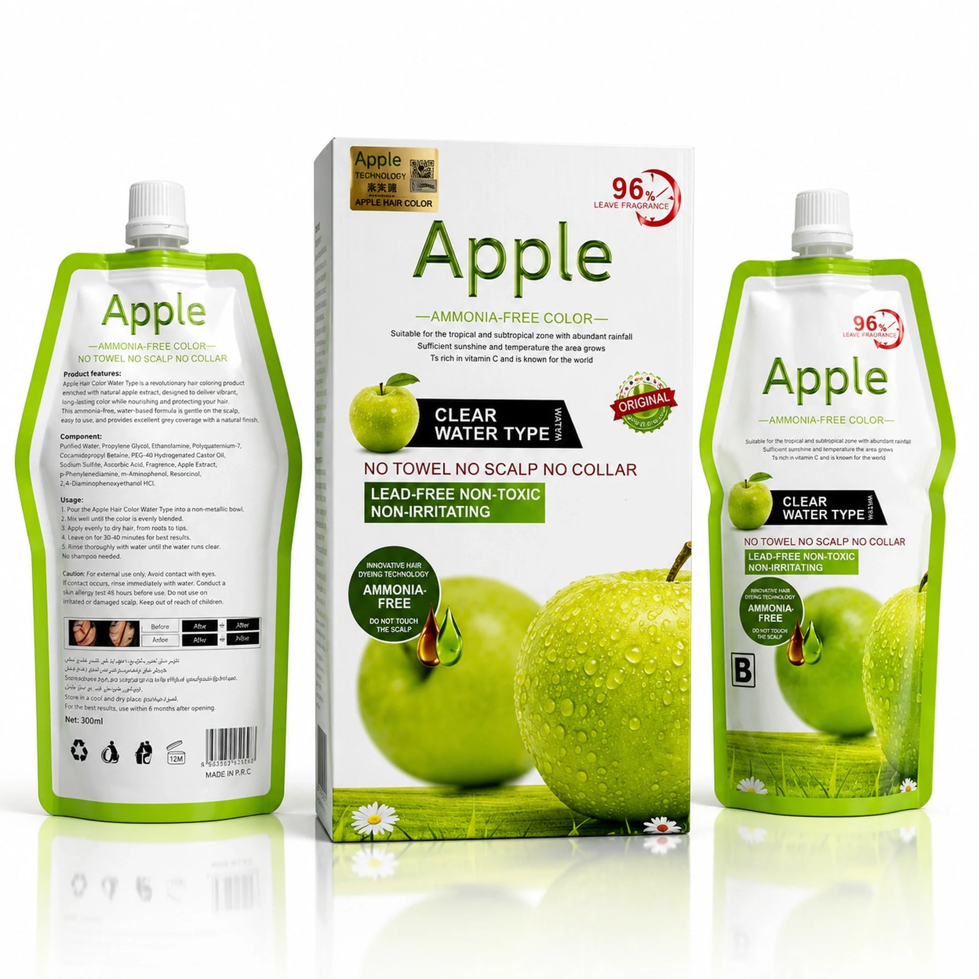 Apple Hair Color Ammonia-Free Clear Water Type full product set showing box packaging with two pouches front and back, displaying ingredients, usage instructions, and Clear Water Type formula details