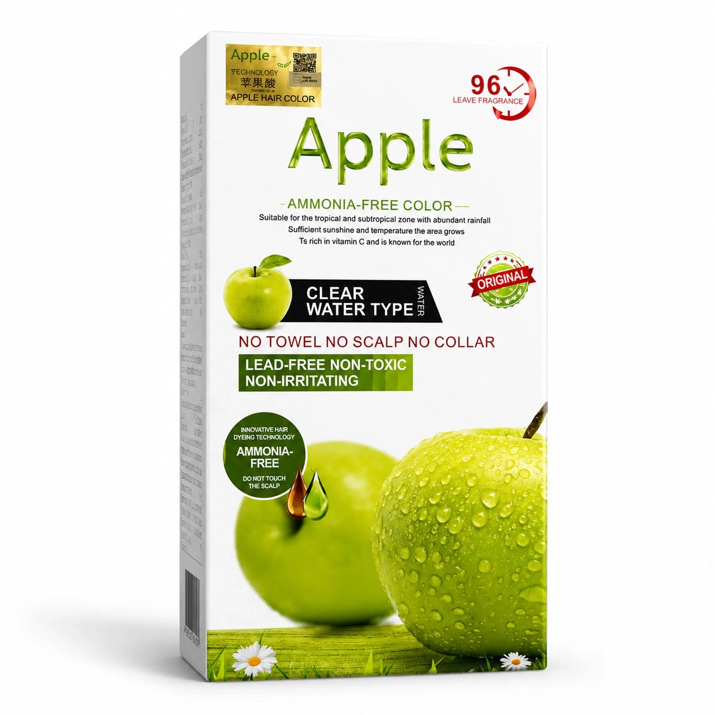 Apple Hair Color Ammonia-Free Clear Water Type box packaging front and side view showing Original seal, Lead-Free Non-Toxic Non-Irritating formula, No Towel No Scalp No Collar, and 96 Leave Fragrance with fresh green apples