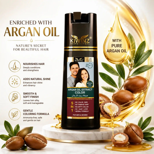 Kiwinz Professional Argan Oil Extract Color Shampoo bottle surrounded by argan nuts and oil drops, highlighting Nourishes Hair, Adds Natural Shine, Smooth and Soft Finish, and Gentle Coloring Formula benefits