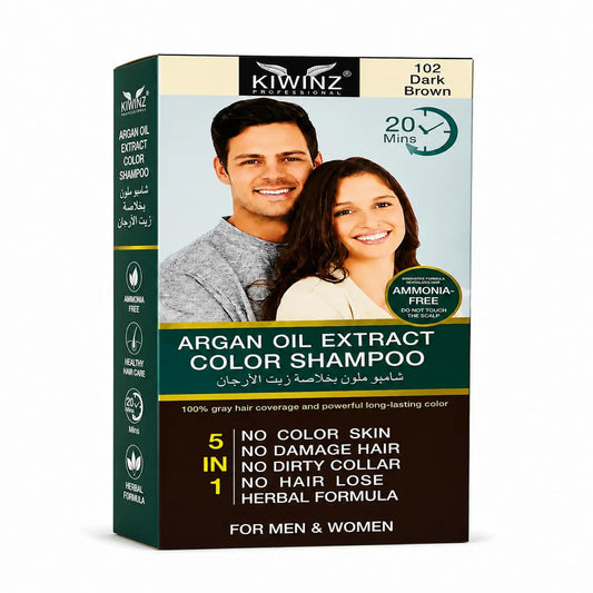 Kiwinz Professional Argan Oil Extract Color Shampoo Dark Brown 102 box packaging showing 5-in-1 ammonia-free herbal formula for men and women
