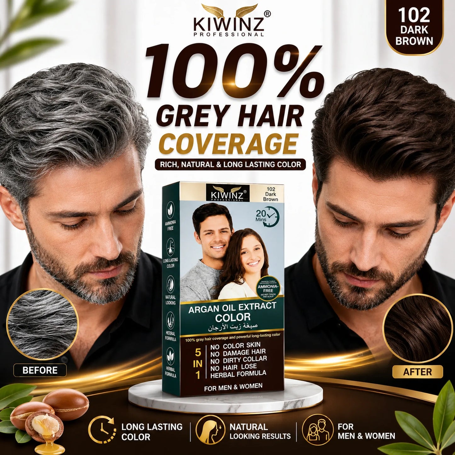 Before and after showing man's grey hair transformed to rich natural dark brown using Kiwinz Professional Argan Oil Extract Color Shampoo 102, with product box in center and icons for Long Lasting Color, Natural Looking Results, and For Men and Women