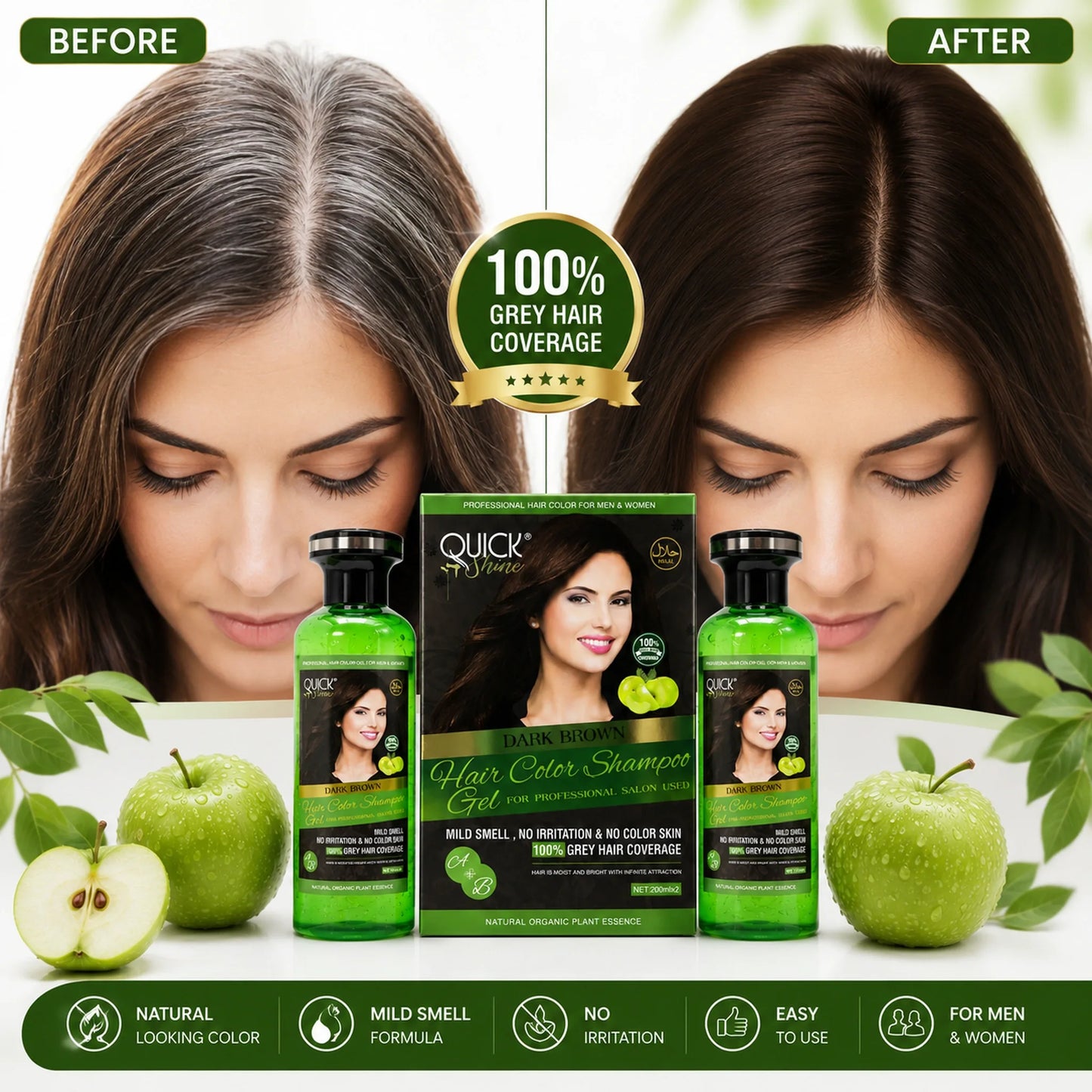 Before and after comparison showing woman's grey hair transformed to dark brown using Quick Shine Hair Color Shampoo Gel, with product set in center and icons for Natural Looking Color, Mild Smell Formula, No Irritation, Easy to Use, and For Men and Women