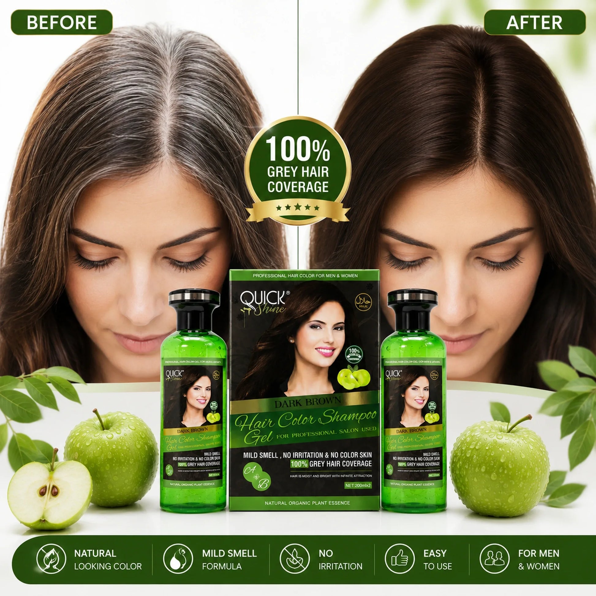 Before and after comparison showing woman's grey hair transformed to dark brown using Quick Shine Hair Color Shampoo Gel, with product set in center and icons for Natural Looking Color, Mild Smell Formula, No Irritation, Easy to Use, and For Men and Women