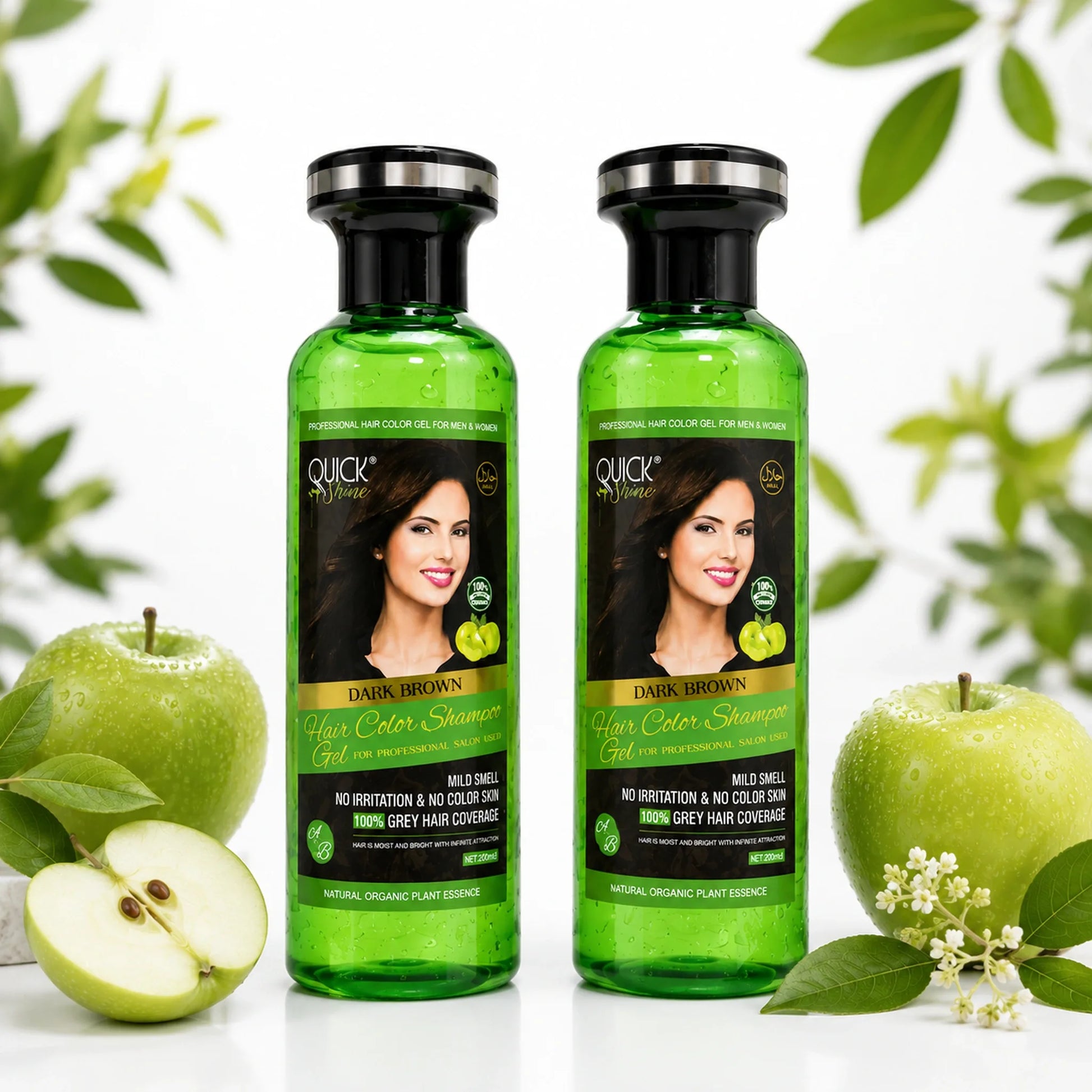 Two Quick Shine Dark Brown Hair Color Shampoo Gel 200ml green bottles displayed with fresh green apples on white background