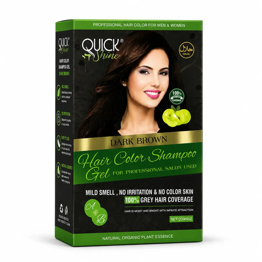 Quick Shine Dark Brown Hair Color Shampoo Gel box packaging front and side view showing Halal certified, 100% Grey Hair Coverage, Mild Smell, No Irritation, No Color Skin, and Natural Organic Plant Essence