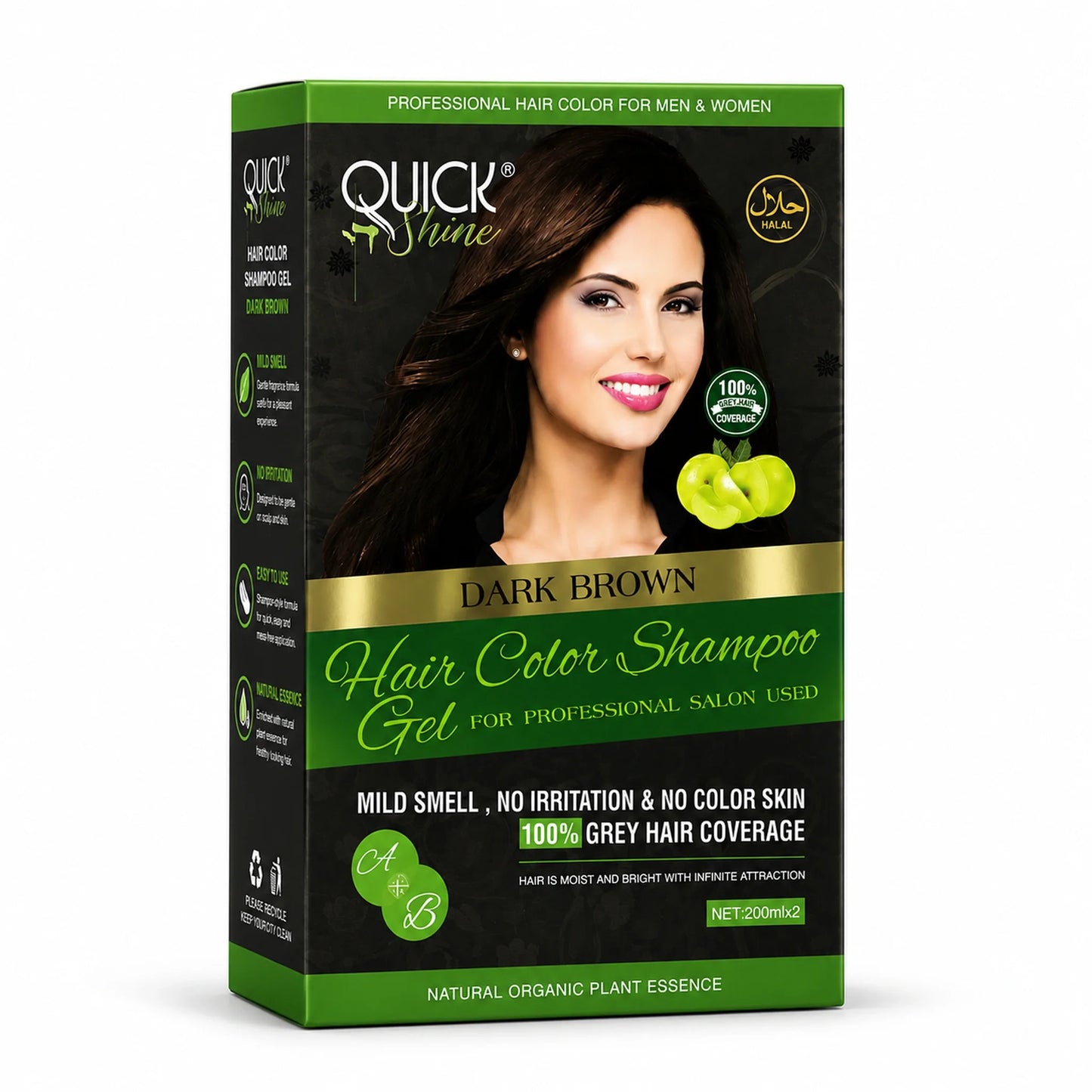 Quick Shine Dark Brown Hair Color Shampoo Gel box packaging front and side view showing Halal certified, 100% Grey Hair Coverage, Mild Smell, No Irritation, No Color Skin, and Natural Organic Plant Essence