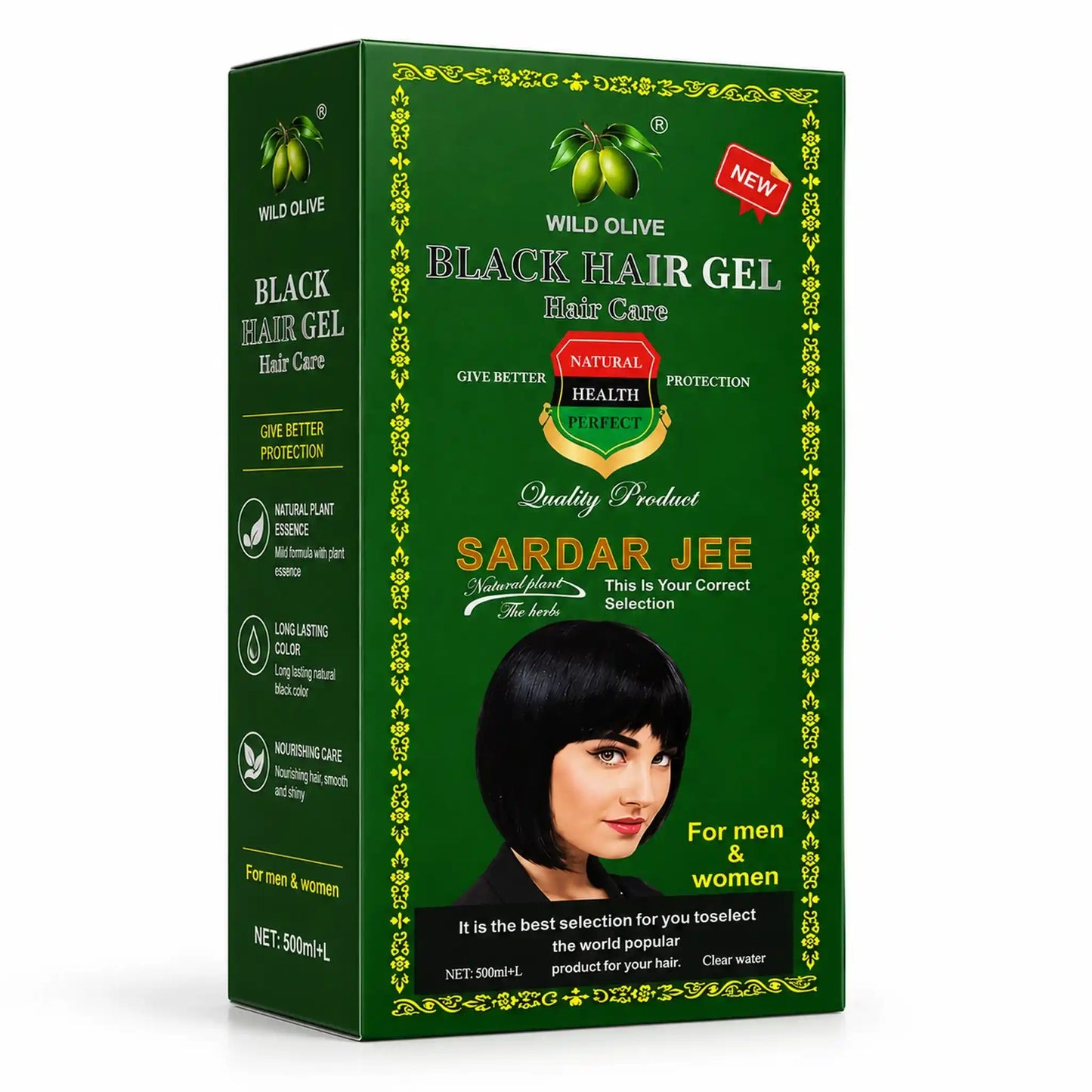 Sardar Jee Wild Olive Black Hair Color Gel box packaging front view showing ammonia-free formula for 100% gray coverage