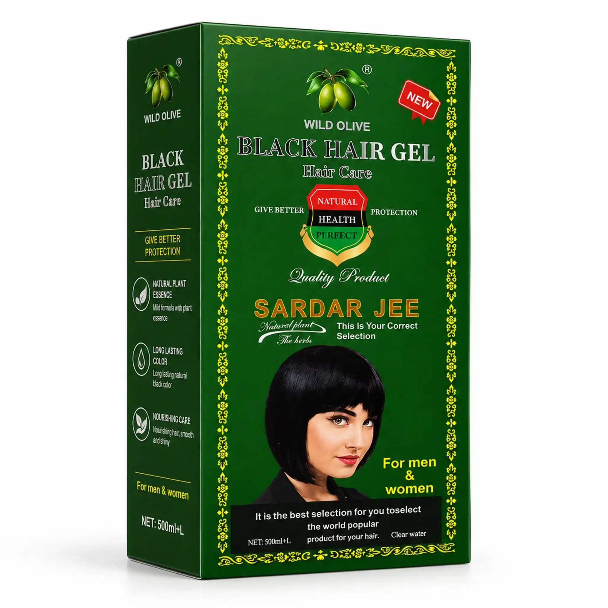Sardar Jee Wild Olive Black Hair Color Gel box packaging front view showing ammonia-free formula for 100% gray coverage