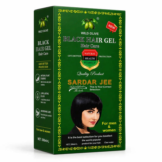 Sardar Jee Wild Olive Black Hair Color Gel box packaging front view showing ammonia-free formula for 100% gray coverage