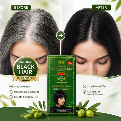 Before and after results showing gray hair transformed to natural black using Sardar Jee Wild Olive Hair Color Gel