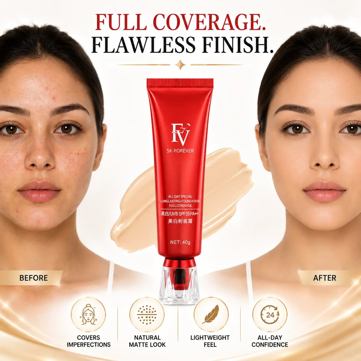 Before and after comparison showing FV SK-Forever Foundation covering skin imperfections for a flawless finish, with product tube in center and icons for Covers Imperfections, Natural Matte Look, Lightweight Feel, and All-Day Confidence