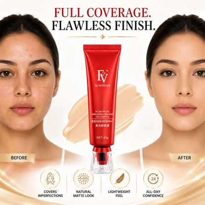Before and after comparison showing FV SK-Forever Foundation covering skin imperfections for a flawless finish, with product tube in center and icons for Covers Imperfections, Natural Matte Look, Lightweight Feel, and All-Day Confidence