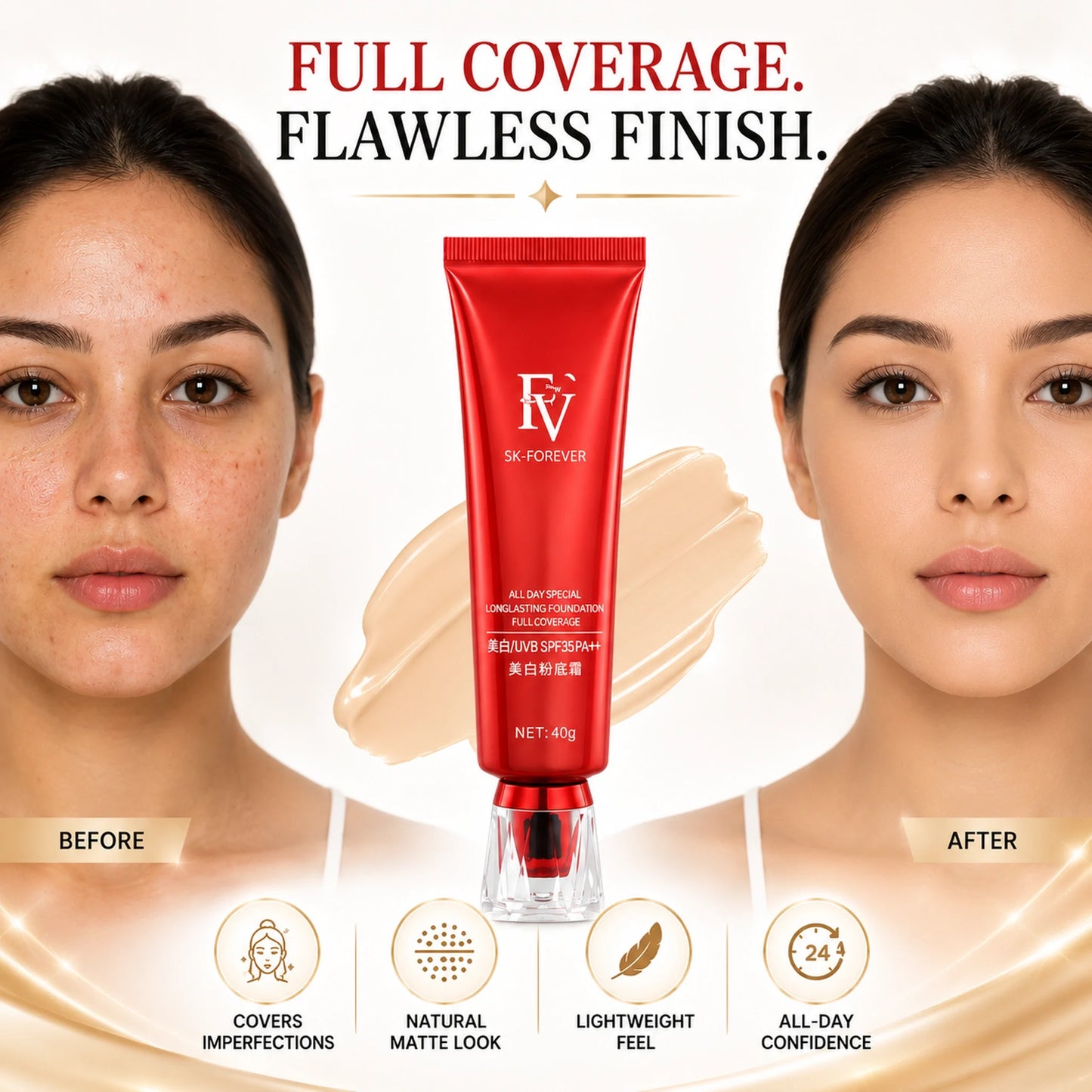 Before and after comparison showing FV SK-Forever Foundation covering skin imperfections for a flawless finish, with product tube in center and icons for Covers Imperfections, Natural Matte Look, Lightweight Feel, and All-Day Confidence