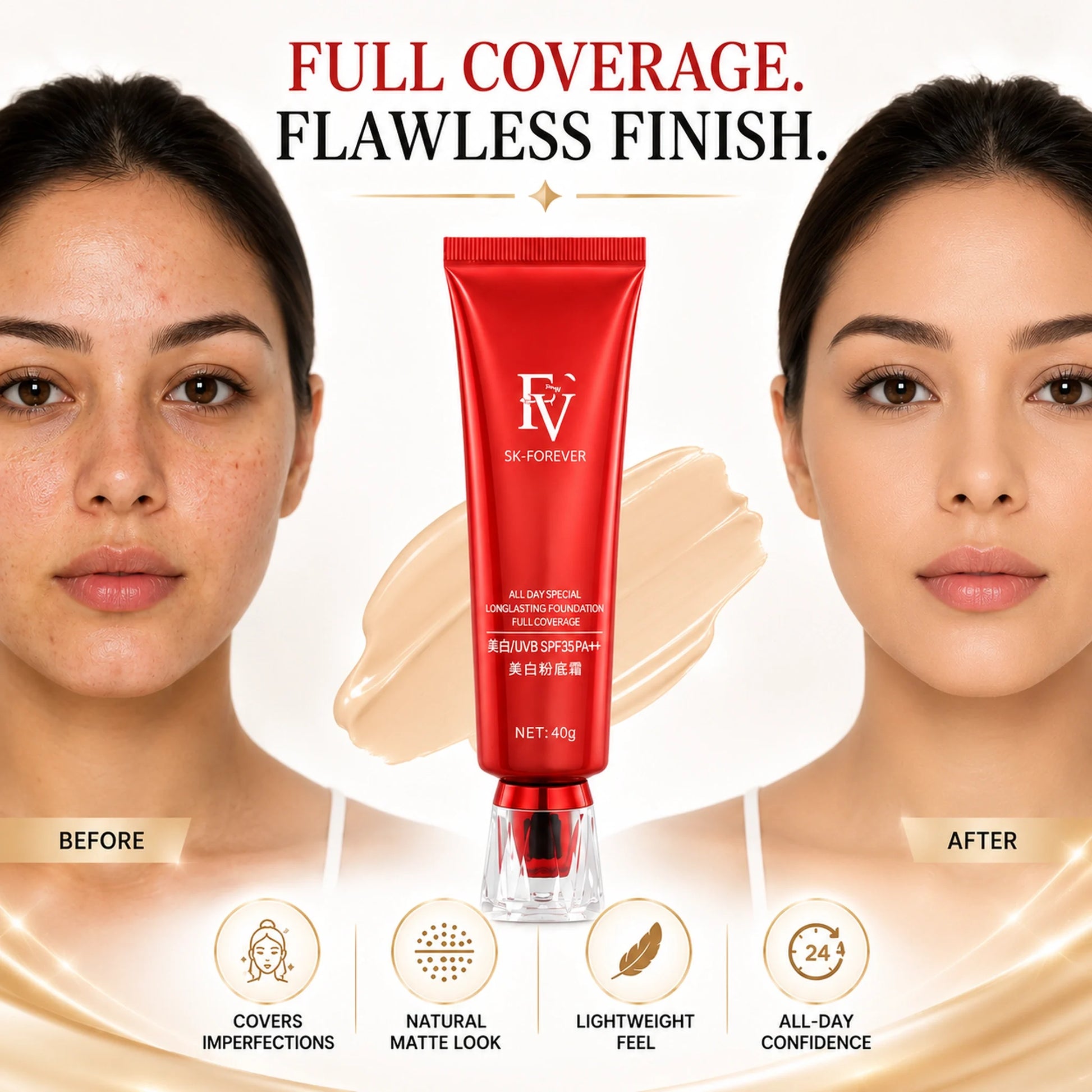 Before and after comparison showing FV SK-Forever Foundation covering skin imperfections for a flawless finish, with product tube in center and icons for Covers Imperfections, Natural Matte Look, Lightweight Feel, and All-Day Confidence