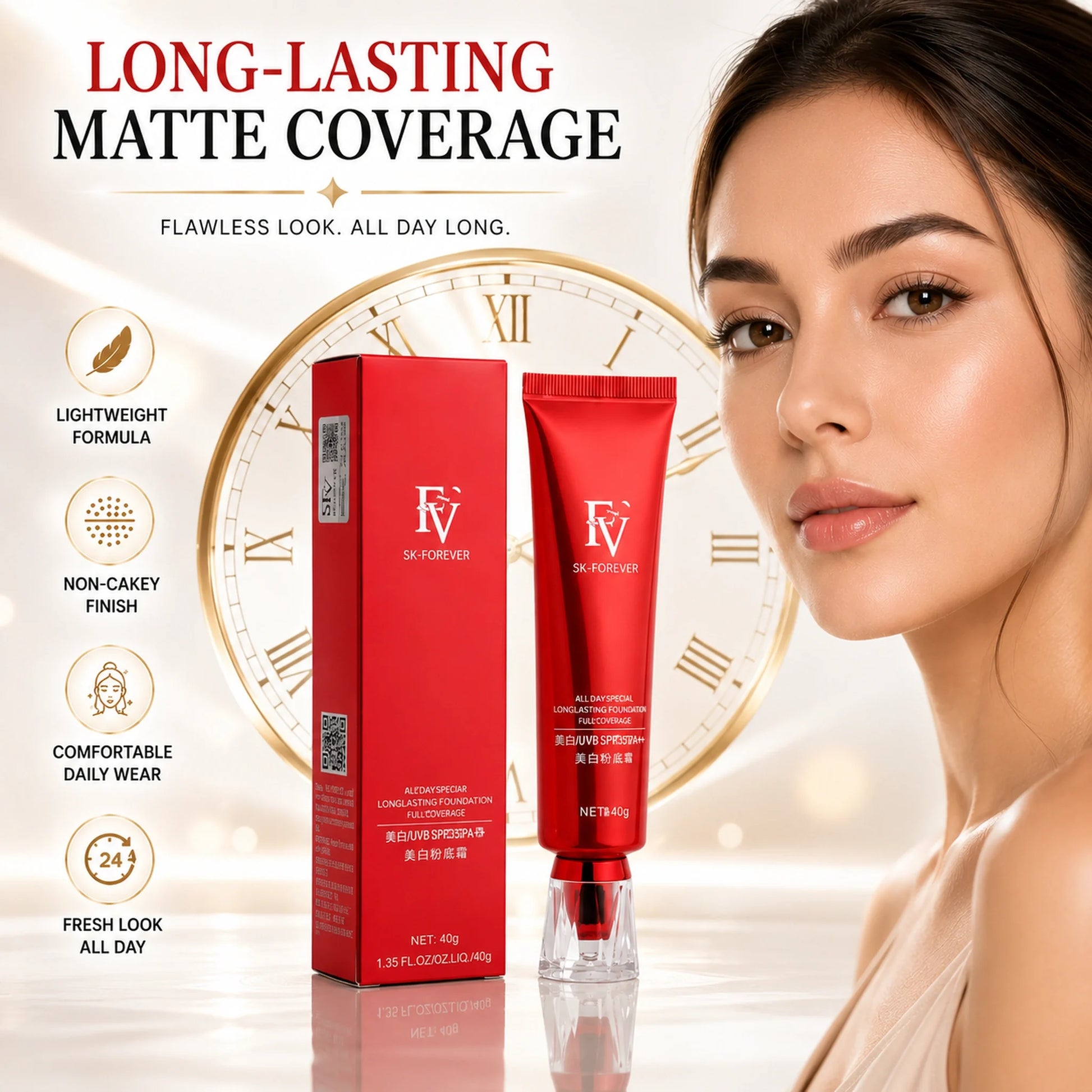 FV SK-Forever Full Coverage Foundation SPF35 tube and box with woman showing flawless matte skin, highlighting Lightweight Formula, Non-Cakey Finish, Comfortable Daily Wear, and Fresh Look All Day benefits