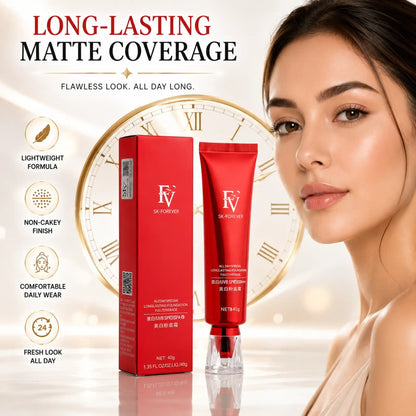 FV SK-Forever Full Coverage Foundation SPF35 tube and box with woman showing flawless matte skin, highlighting Lightweight Formula, Non-Cakey Finish, Comfortable Daily Wear, and Fresh Look All Day benefits