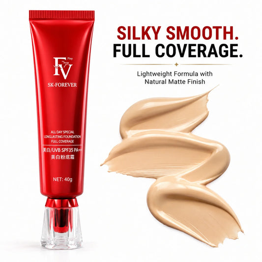 FV SK-Forever Foundation SPF35 red tube displayed with beige foundation swatches showing silky smooth full coverage and lightweight natural matte finish